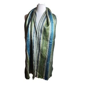 Shupaca Alpaca Wool Blend Striped Scarf Blue Green Handmade Ecuador 11x76